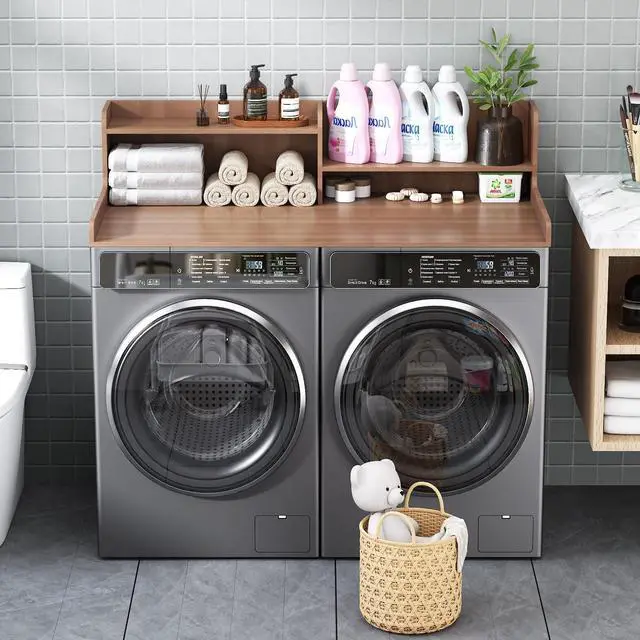 Alt view image 6 of 7 - 2-Tier Bamboo Laundry Washer and Dryer Countertop Walnut | Large Size:54"×27.55",2-Tier Vertical Storage,Anti-fall Guard Rails,Rounded Corners,Easy to Clean,Non-slip pad