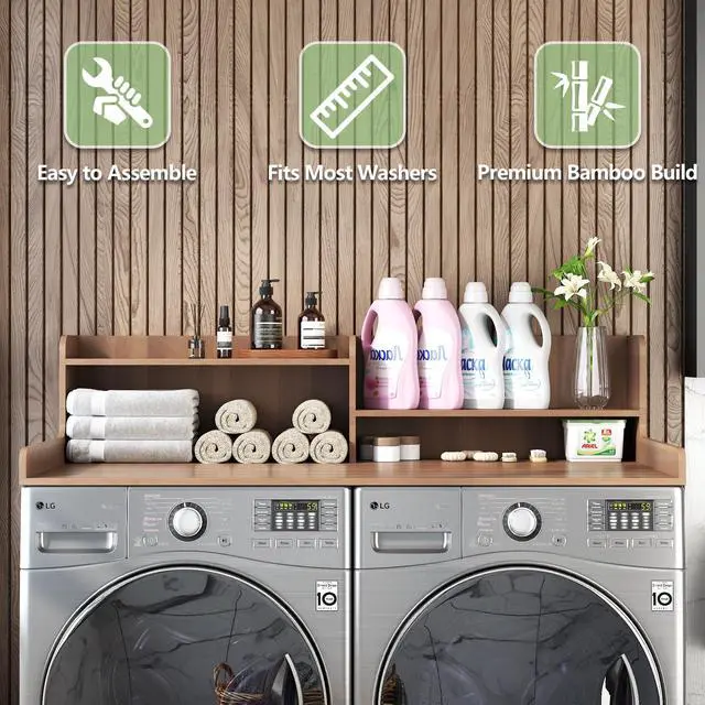 Alt view image 7 of 7 - 2-Tier Bamboo Laundry Washer and Dryer Countertop Walnut | Large Size:54"×27.55",2-Tier Vertical Storage,Anti-fall Guard Rails,Rounded Corners,Easy to Clean,Non-slip pad