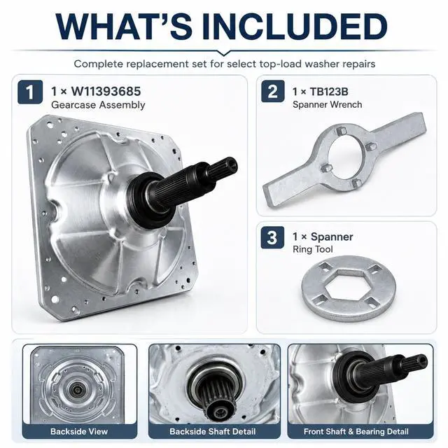 Alt view image 7 of 7 - W11393685 Washer Gearcase with TB123B Spanner Wrench, Fits WTW8040DW4 WTW8500DW6 MVWB765FW3 MVWB835DC4 Replaces W11455453 W11134159, Compatible with Select Whirlpool Maytag Kenmore Top Load Washers