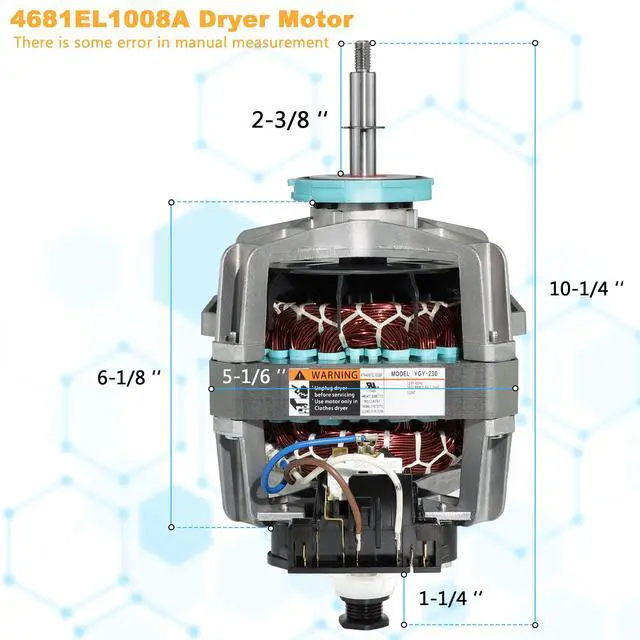 Alt view image 4 of 7 - Drive Motor 4681EL1008A Clothes Dryer Blower by for LG Ken-More Dryer Replace EAP2400858 4681EL1008B 4681EL1008H 4681EL1008K 4681EL1008P 1330330 (Shaft Length: 2-3/8" and 1-1/4")