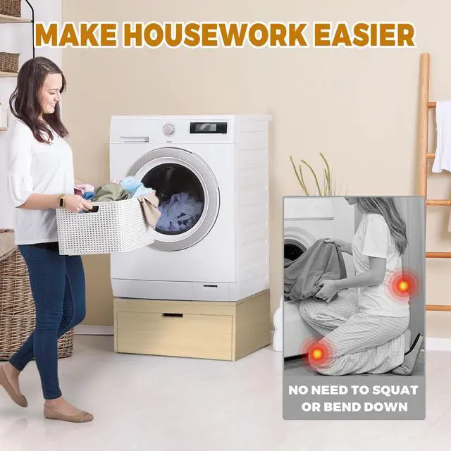 Alt view image 2 of 7 - Laundry Pedestal with Storage Drawer, Heavy Duty Washer Dryer Pedestal 27.5" Universal Fit Anti-Vibration Washing Machine Riser, 500 LBS Capacity (Light Oak)