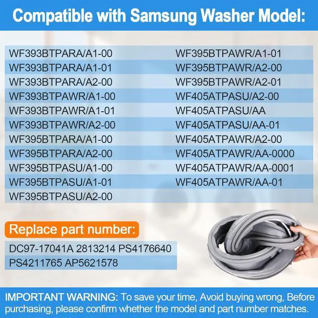 Alt view image 3 of 7 - DC64-02805A WF405ATPAWR/A2 Washer Door Boot Seal Gasket Compatible with Samsung Washer Replacement Parts Door Diaphragm WF393BTPARA/A2,WF395BTPASU/A2, WF395BTPAWR/A2,WF405ATPASU