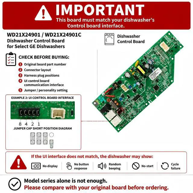 Alt view image 2 of 7 - WD21X24901 WD21X24901C Dishwasher Control Board for GE Dishwashers Only, Replace Models WD21X24901E WD21X24901R, Please Verify The Part Number and Connectors Before Purchasing