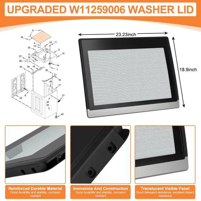 Alt view image 2 of 7 - Upgraded W11259006 Washer Lid Compatible With Whirlpool Maytag Washer Lid Parts MVWB765FW3 Washing Machine Lid Replacement Maytag Bravos Washer Parts Assembly WP8572974 WP8563965 Lid Hinge & 4 Screws