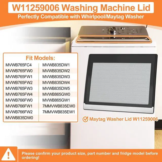 Alt view image 3 of 7 - Upgraded W11259006 Washer Lid Compatible With Whirlpool Maytag Washer Lid Parts MVWB765FW3 Washing Machine Lid Replacement Maytag Bravos Washer Parts Assembly WP8572974 WP8563965 Lid Hinge & 4 Screws