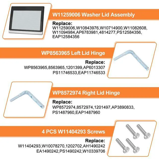 Alt view image 6 of 7 - Upgraded W11259006 Washer Lid Compatible With Whirlpool Maytag Washer Lid Parts MVWB765FW3 Washing Machine Lid Replacement Maytag Bravos Washer Parts Assembly WP8572974 WP8563965 Lid Hinge & 4 Screws
