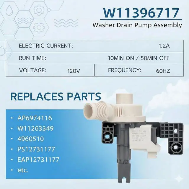Alt view image 4 of 7 - Upgraded W11396717 W11263349 Washer Drain Pump Assembly Replaces 4960510 AP6974116 PS12731177 EAP12731177, WTW5100HW0 WTW6120HC0 WTW5105HC0 WTW5105HW0 for Whirlpool Kenmore Maytag Washer Drain Pump