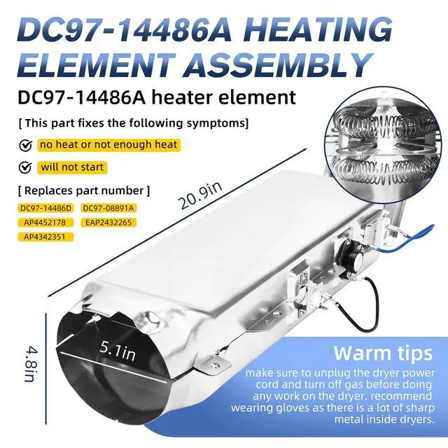 Alt view image 2 of 6 - DVE50R5200W/A3 DVE50R5400V/A3 DV42H5200EW/A3 Dryer Heating Element DC97-14486A for Samsung DV42H5200EP/A3 DV42H5000EW/A3 DV45H7000EW/A2 DV40J3000EW/A2 DVE50M7450W/A3 DV48H7400EW/A2 DVE45R6100C/A3