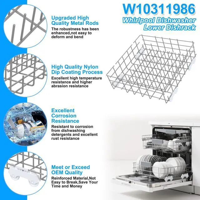 Alt view image 4 of 7 - UPGRADED W10311986 W10380384 Dishwasher Lower Rack Assembly for Whirlpool Kenmore Dishwasher Rack Replacement Parts,W10311986 W11158802 Whirlpool Dishwasher Bottom Rack with Wheel Dishrack