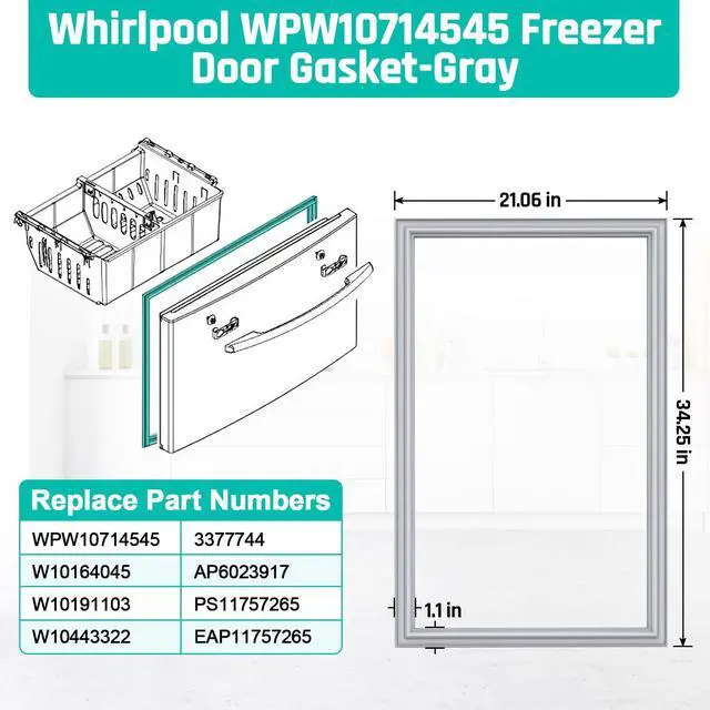 Alt view image 3 of 7 - Upgraded WPW10714545 Freezer Door Gasket for Whirlpool Kenmore, 21.06 x 34.25 W10164045 Refrigerator Door Gasket fit for Maytag & Kitchen Aid Freezer Door Seal Replace Part W10191103, W10443322