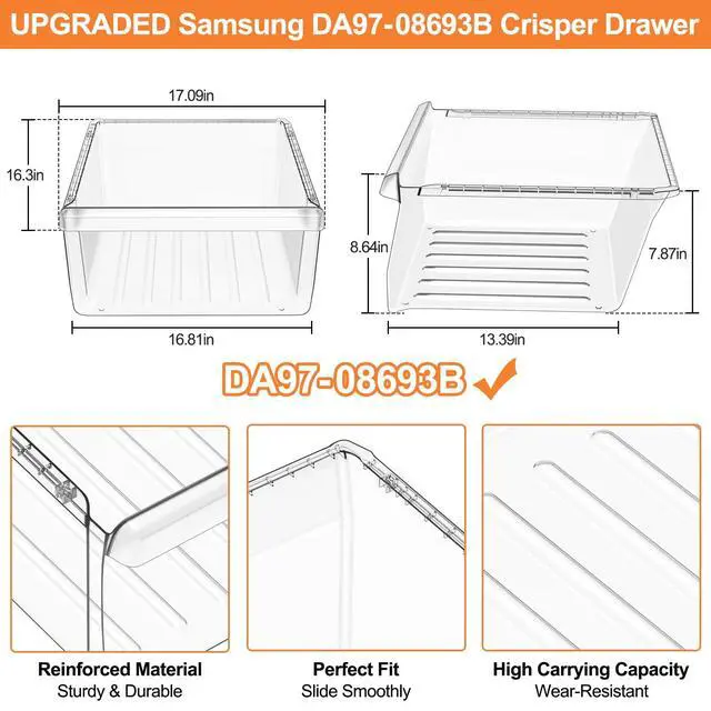 Alt view image 4 of 7 - UPGRADED DA97-08693B Refrigerator Crisper Drawer Compatible with Samsung Refrigerator Drawer Replacement Bin RS25J500DSR RS261MDRS RS25H5000SR RS25J500DSG Samsung Fridge Drawers Replacement Part Upper