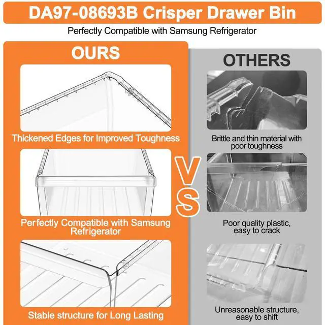 Alt view image 7 of 7 - UPGRADED DA97-08693B Refrigerator Crisper Drawer Compatible with Samsung Refrigerator Drawer Replacement Bin RS25J500DSR RS261MDRS RS25H5000SR RS25J500DSG Samsung Fridge Drawers Replacement Part Upper