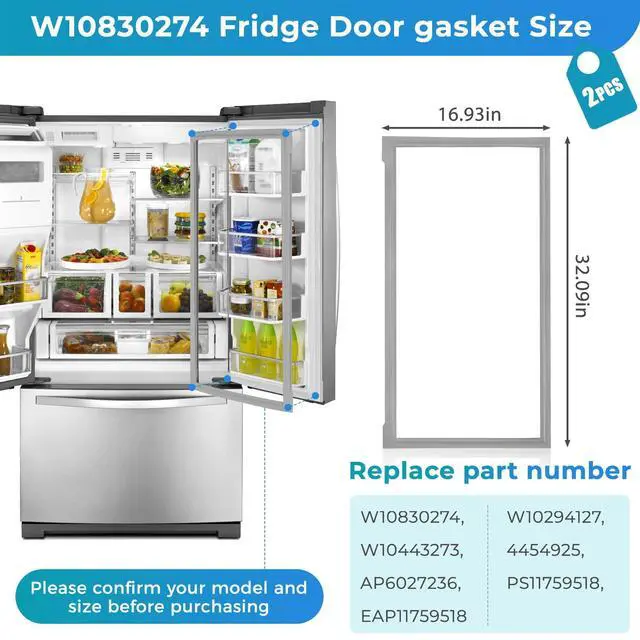 Alt view image 2 of 7 - 2 PCS W10830274 Refrigerator French Door Gasket 32.09x 16.93 | Compatible with whirlpool maytag kitchen aid jenn, Replace W10294127, W10443273, AP6027236, PD00039746 Refrigerator Door Seal