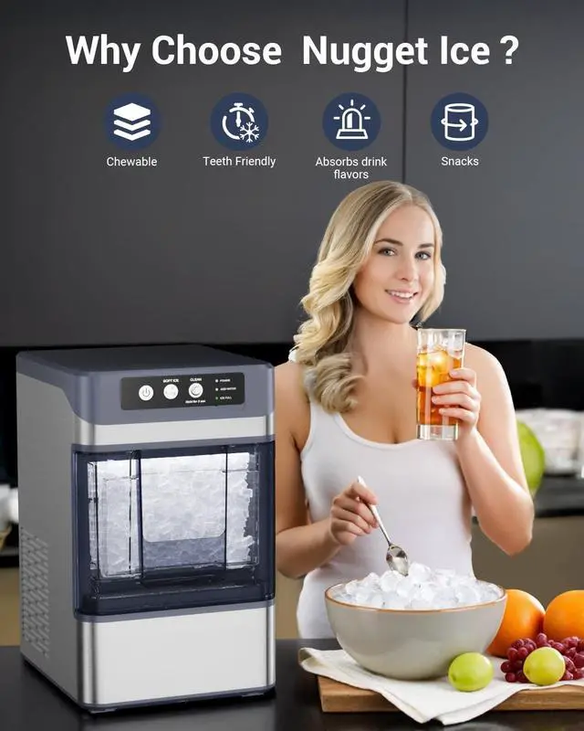 Alt view image 3 of 7 - 44 lbs/Day Nugget Ice Maker Countertop, Pebble Ice Machine with 0.8 Gal Water Tank 6-10 Mins Fast Ice Making for Home, Camping, Kitchen, RV (Silver)