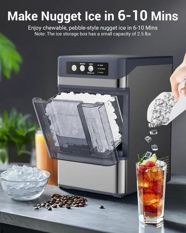 Alt view image 5 of 7 - 44 lbs/Day Nugget Ice Maker Countertop, Pebble Ice Machine with 0.8 Gal Water Tank 6-10 Mins Fast Ice Making for Home, Camping, Kitchen, RV (Silver)