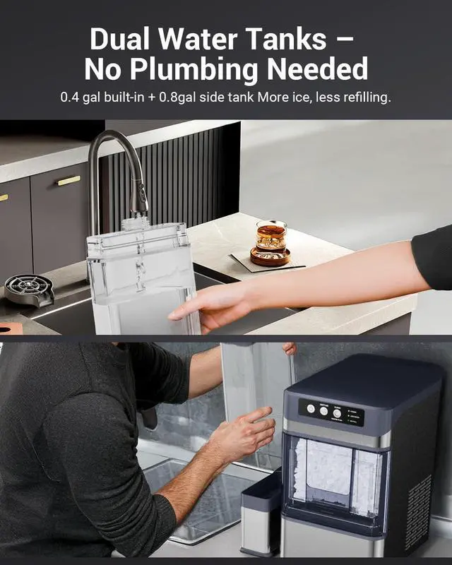 Alt view image 7 of 7 - 44 lbs/Day Nugget Ice Maker Countertop, Pebble Ice Machine with 0.8 Gal Water Tank 6-10 Mins Fast Ice Making for Home, Camping, Kitchen, RV (Silver)