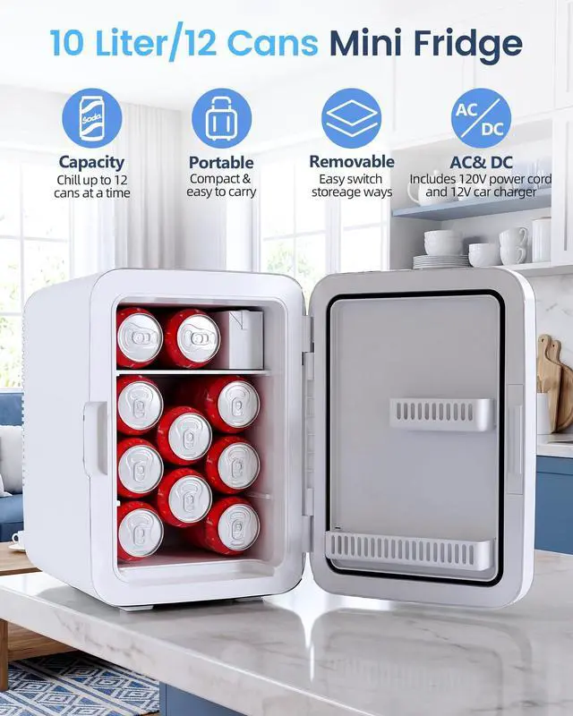 Alt view image 2 of 7 - 10L Compact Mini Fridge, 2.6 Gal Portable Small Refrigerator with AC/DC Adapters, Quiet Personal Desktop Fridge for Skincare, Cosmetics, Makeup, Beverage & Food, Classic White