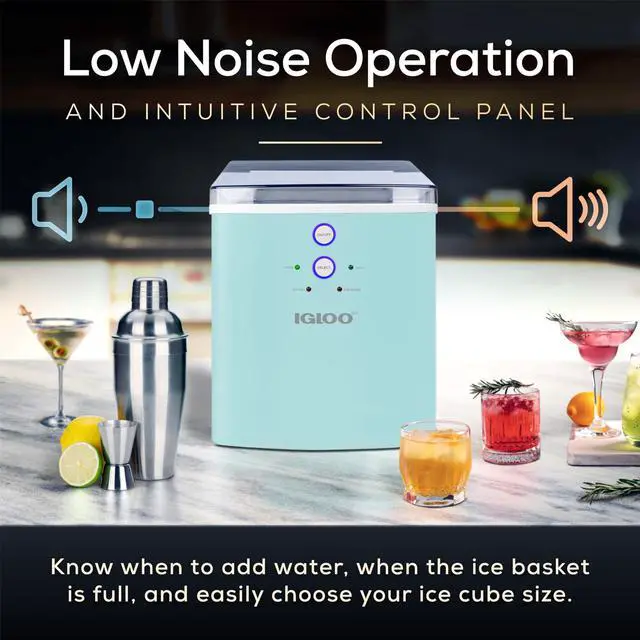 Alt view image 5 of 7 - Electric Countertop Ice Maker Machine - Automatic and Portable - 33 Pounds in 24 Hours - Ice Cube Maker - Ice Scoop and Basket - Ideal for Iced Coffee and Cocktails - Aqua
