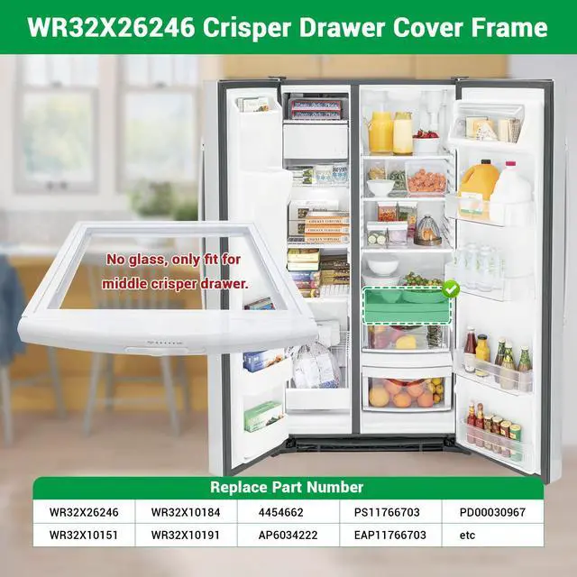 Alt view image 2 of 7 - WR32X26246 Middle Pan Cover Frame (no glass) Compatible with ge, hotpoint Refrigerator, Crisper Drawer Cover Frame WR32X10184 replace WR32X10151, WR32X10191, 4454662, AP6034222, PS11766703 etc