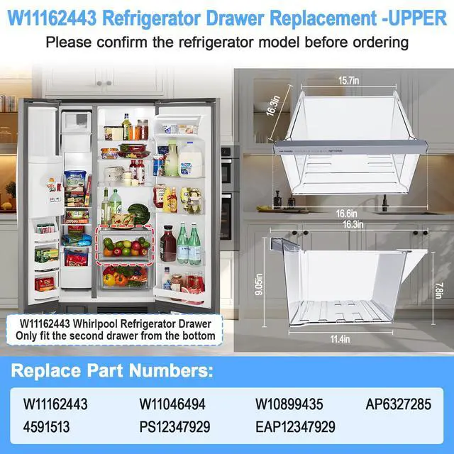 Alt view image 2 of 7 - Upgraded W11162443 Refrigerator Crisper Drawer Compatible with Whirlpool Crisper Drawer W11046494 Whirlpool Fridge Drawer Maytag Refrigerator Drawer Parts WRS325SDHZ WRS315SDHZ WRS315SDHM Drawers