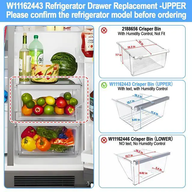 Alt view image 3 of 7 - Upgraded W11162443 Refrigerator Crisper Drawer Compatible with Whirlpool Crisper Drawer W11046494 Whirlpool Fridge Drawer Maytag Refrigerator Drawer Parts WRS325SDHZ WRS315SDHZ WRS315SDHM Drawers