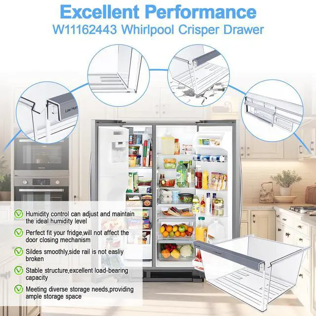 Alt view image 4 of 7 - Upgraded W11162443 Refrigerator Crisper Drawer Compatible with Whirlpool Crisper Drawer W11046494 Whirlpool Fridge Drawer Maytag Refrigerator Drawer Parts WRS325SDHZ WRS315SDHZ WRS315SDHM Drawers