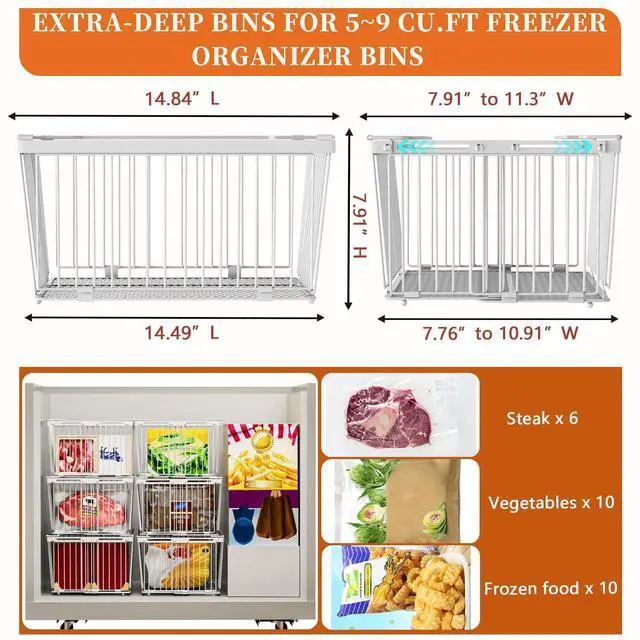 Alt view image 6 of 7 - Large Freezer Organizer BinsUpgraded Bottom Leak-Proof netFit 5 to 9 Cu Ft Chest Freezer6 Pack Expandable Stackable Chest Freezer Containers with Handle (White-6P)