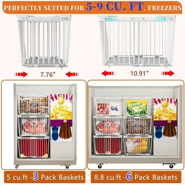 Alt view image 5 of 7 - Large Freezer Organizer BinsUpgraded Bottom Leak-Proof netFit 5 to 9 Cu Ft Chest Freezer6 Pack Expandable Stackable Chest Freezer Containers with Handle (White-6P)