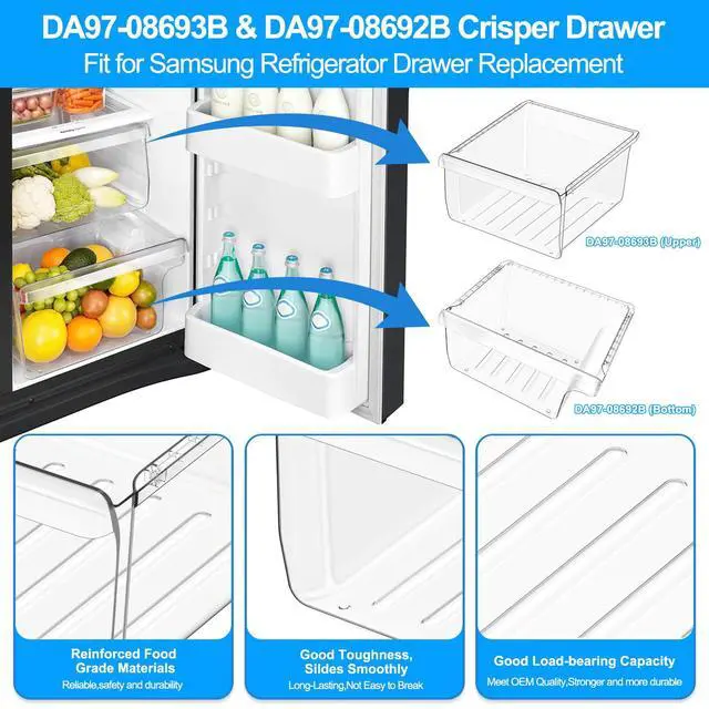 Alt view image 3 of 7 - UPGRADED DA97-08693B Refrigerator Crisper Drawer & DA97-08692B Fridge Drawer Bin Compatible with Samsung Refrigerator Drawer Parts RS25J500DSR RS25H5000SR RS25J500DSG RS261MDRS Crisper Drawers