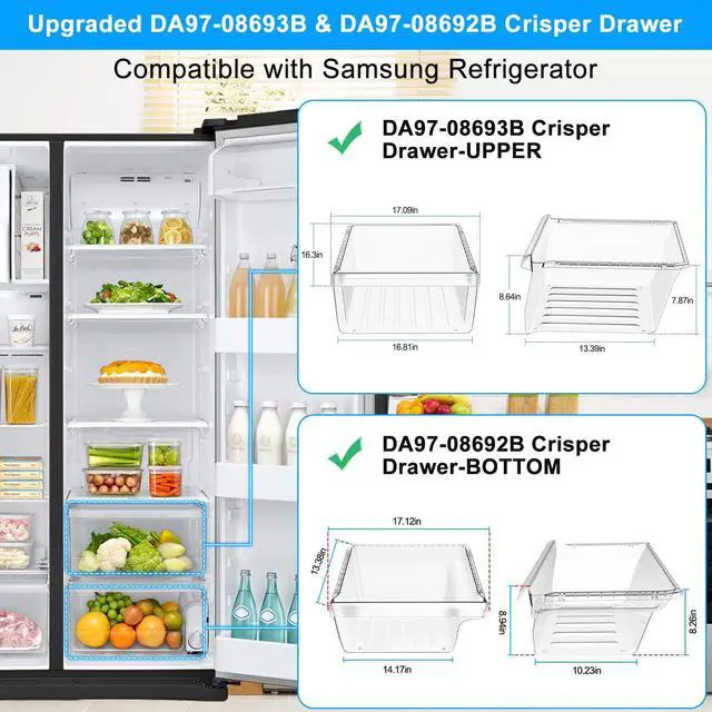 Alt view image 4 of 7 - UPGRADED DA97-08693B Refrigerator Crisper Drawer & DA97-08692B Fridge Drawer Bin Compatible with Samsung Refrigerator Drawer Parts RS25J500DSR RS25H5000SR RS25J500DSG RS261MDRS Crisper Drawers