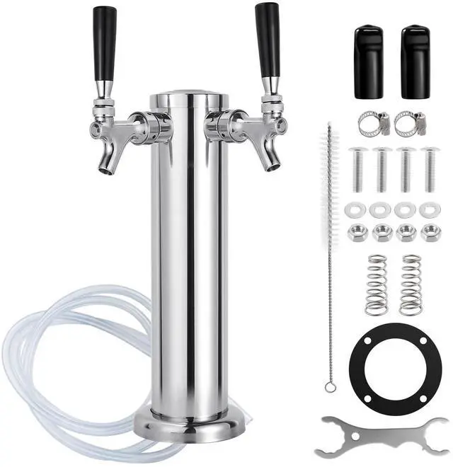 Main image of All Stainless Steel Kegerator Tower, 3" Beer Tower with Dual Taps | Stainless Steel Tower & Faucet for Kegerator Dispenser, Keg Tap Tower with Preassembled Tubing for Homebrew Kegerator Parts