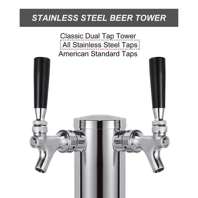 Alt view image 2 of 7 - All Stainless Steel Kegerator Tower, 3" Beer Tower with Dual Taps | Stainless Steel Tower & Faucet for Kegerator Dispenser, Keg Tap Tower with Preassembled Tubing for Homebrew Kegerator Parts