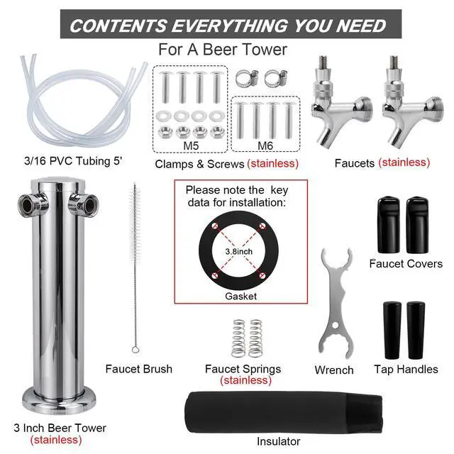 Alt view image 3 of 7 - All Stainless Steel Kegerator Tower, 3" Beer Tower with Dual Taps | Stainless Steel Tower & Faucet for Kegerator Dispenser, Keg Tap Tower with Preassembled Tubing for Homebrew Kegerator Parts
