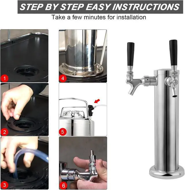 Alt view image 5 of 7 - All Stainless Steel Kegerator Tower, 3" Beer Tower with Dual Taps | Stainless Steel Tower & Faucet for Kegerator Dispenser, Keg Tap Tower with Preassembled Tubing for Homebrew Kegerator Parts