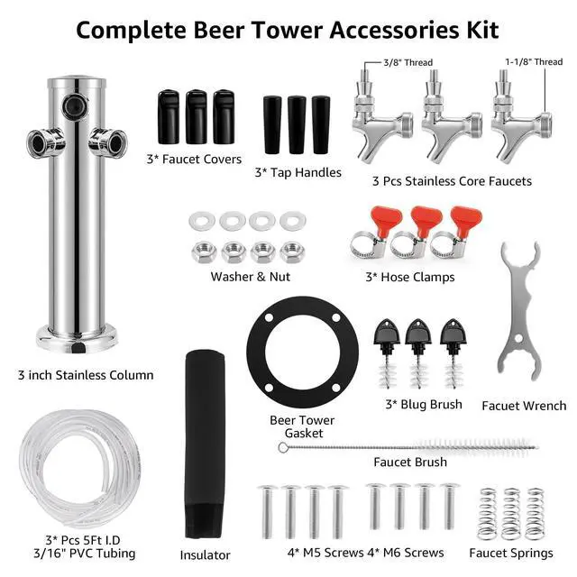 Alt view image 2 of 7 - Kegerator Tower Beer Tap Tower Dispenser 3 Faucet Beer Tower Draft Beer Dispenser Stainless Steel Keg Tap Tower 3'' Keg Tower Pre-assembled Line Beer Faucet Dispenser Kit For Home, Bar,Party