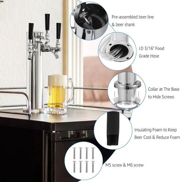 Alt view image 5 of 7 - Kegerator Tower Beer Tap Tower Dispenser 3 Faucet Beer Tower Draft Beer Dispenser Stainless Steel Keg Tap Tower 3'' Keg Tower Pre-assembled Line Beer Faucet Dispenser Kit For Home, Bar,Party