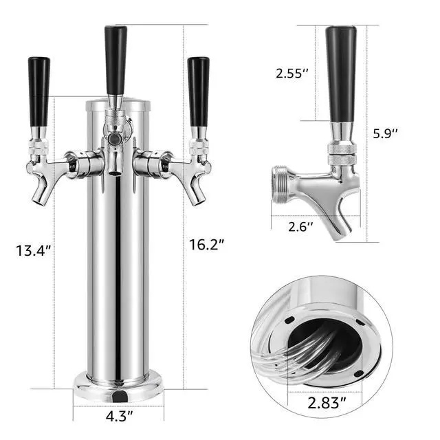 Alt view image 3 of 7 - Kegerator Tower Beer Tap Tower Dispenser 3 Faucet Beer Tower Draft Beer Dispenser Stainless Steel Keg Tap Tower 3'' Keg Tower Pre-assembled Line Beer Faucet Dispenser Kit For Home, Bar,Party