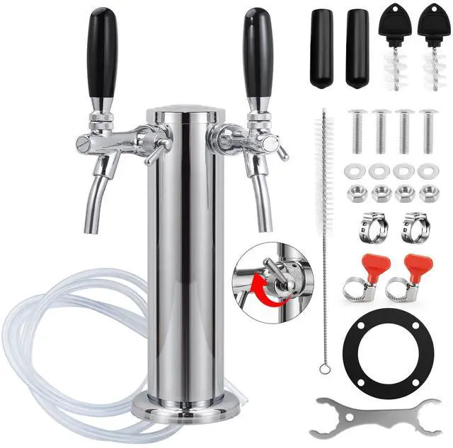 Main image of Upgraded Long Shank Faucet Kegerator Tower, Dual Adjustable Tap | Stainless Steel Tower Brass Faucet Stainless Core with Pre-assembled Lines Kegerator Parts, Keg Tower Beer Keg Tap for Brew