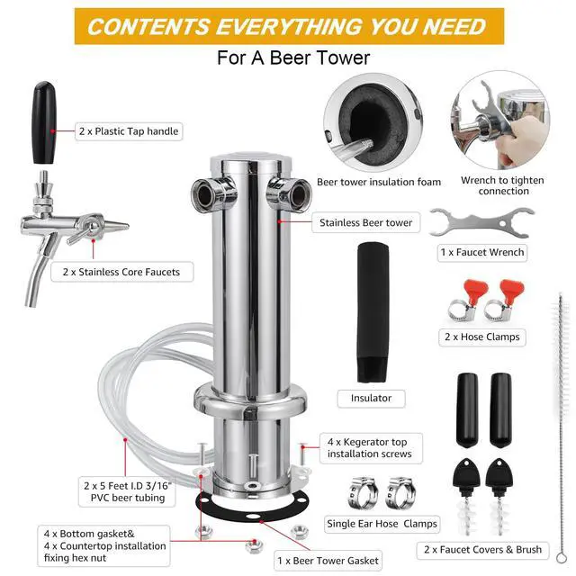 Alt view image 3 of 7 - Upgraded Long Shank Faucet Kegerator Tower, Dual Adjustable Tap | Stainless Steel Tower Brass Faucet Stainless Core with Pre-assembled Lines Kegerator Parts, Keg Tower Beer Keg Tap for Brew