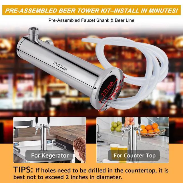 Alt view image 5 of 7 - Upgraded Long Shank Faucet Kegerator Tower, Dual Adjustable Tap | Stainless Steel Tower Brass Faucet Stainless Core with Pre-assembled Lines Kegerator Parts, Keg Tower Beer Keg Tap for Brew