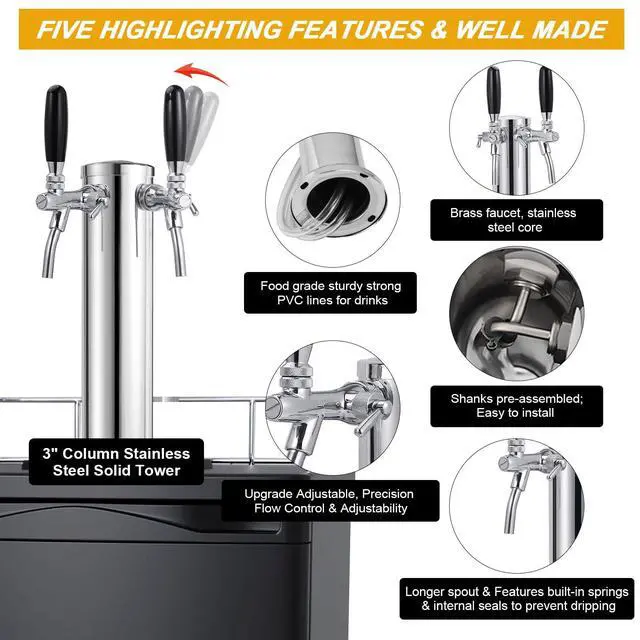 Alt view image 4 of 7 - Upgraded Long Shank Faucet Kegerator Tower, Dual Adjustable Tap | Stainless Steel Tower Brass Faucet Stainless Core with Pre-assembled Lines Kegerator Parts, Keg Tower Beer Keg Tap for Brew