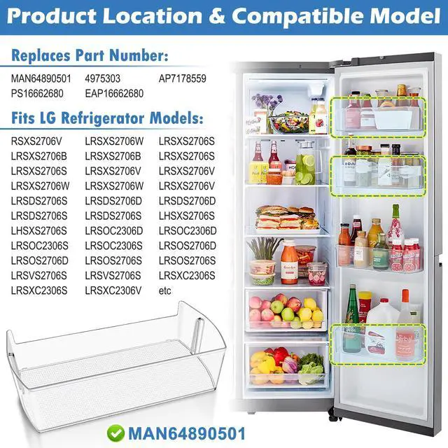 Alt view image 4 of 7 - 2PACK UPGRADED MAN64890501 Refrigerator Door Shelf Bin,Compatible with LG Kenmore Refrigerator Shelf Replacement, MAN64890501 Fridge Door Basket LG LHSXS2706S LRSOS2706S LRSXS2706W Door Shelves