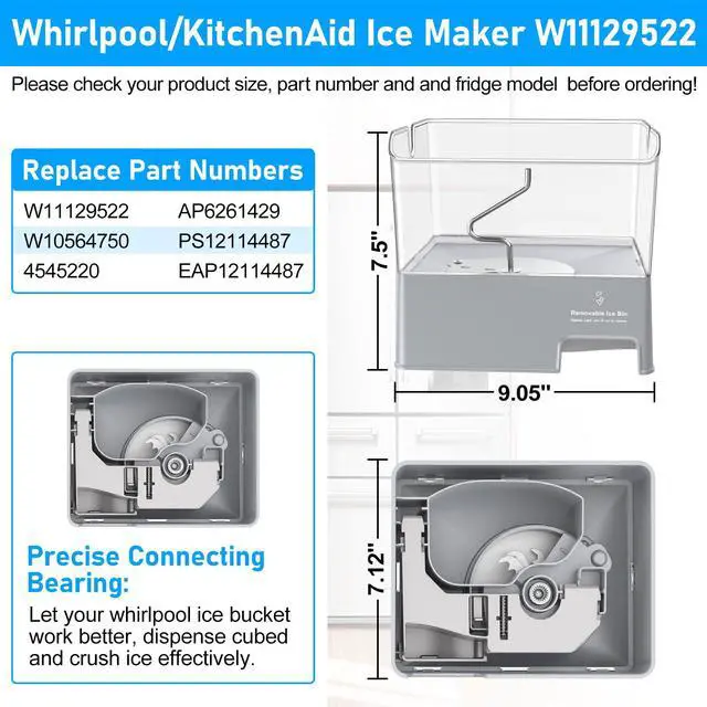 Alt view image 2 of 7 - Upgraded W11129522 Refrigerator Ice Bucket Compatible with KitchenAid Ice Maker Replacement W10564750 Whirlpool Removable Ice Bin KRFF707ESS01 KRMF706ESS01 Kitchenaid Ice Bucket Ice Container Ice Tray