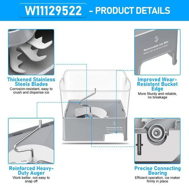 Alt view image 4 of 7 - Upgraded W11129522 Refrigerator Ice Bucket Compatible with KitchenAid Ice Maker Replacement W10564750 Whirlpool Removable Ice Bin KRFF707ESS01 KRMF706ESS01 Kitchenaid Ice Bucket Ice Container Ice Tray
