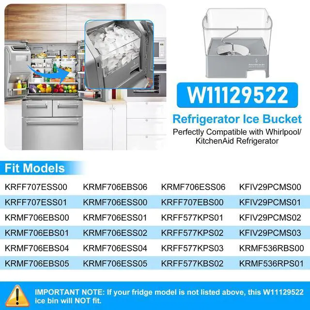 Alt view image 3 of 7 - Upgraded W11129522 Refrigerator Ice Bucket Compatible with KitchenAid Ice Maker Replacement W10564750 Whirlpool Removable Ice Bin KRFF707ESS01 KRMF706ESS01 Kitchenaid Ice Bucket Ice Container Ice Tray