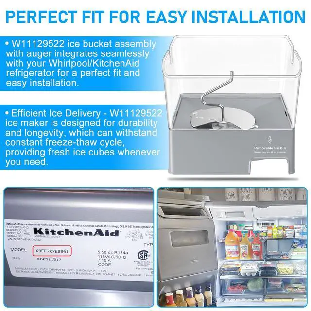 Alt view image 5 of 7 - Upgraded W11129522 Refrigerator Ice Bucket Compatible with KitchenAid Ice Maker Replacement W10564750 Whirlpool Removable Ice Bin KRFF707ESS01 KRMF706ESS01 Kitchenaid Ice Bucket Ice Container Ice Tray