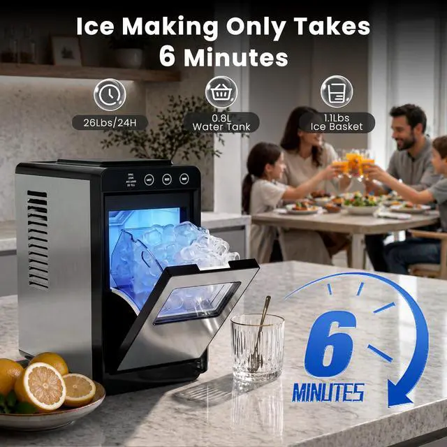 Alt view image 2 of 7 - Countertop Ice Maker, 26Lbs Daily Ice Production, 0.8L Water Tank, Self-Cleaning, Adjustable Ice Size, One-Touch Operation, Interior Light, Portable Ice Maker for Home, Office & Party