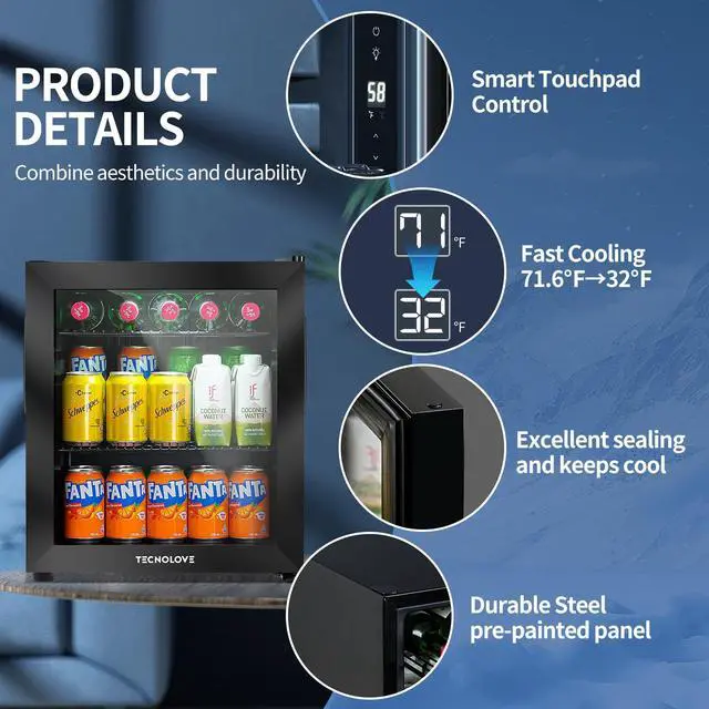Alt view image 2 of 7 - Beverage Refrigerator Cooler,Mini Fridge,Free Standing,1.6 Cu.Ft Cools Down To 32 ,Stainless Steel,LED Touchscreen Digital Temp Control,Under Counter,Double-layer Glass Door,Adjustable Shelves,Black