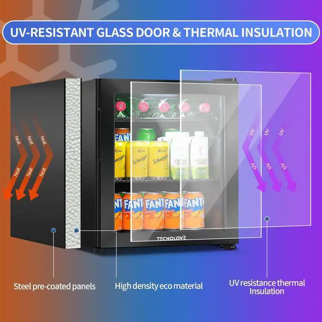 Alt view image 5 of 7 - Beverage Refrigerator Cooler,Mini Fridge,Free Standing,1.6 Cu.Ft Cools Down To 32 ,Stainless Steel,LED Touchscreen Digital Temp Control,Under Counter,Double-layer Glass Door,Adjustable Shelves,Black
