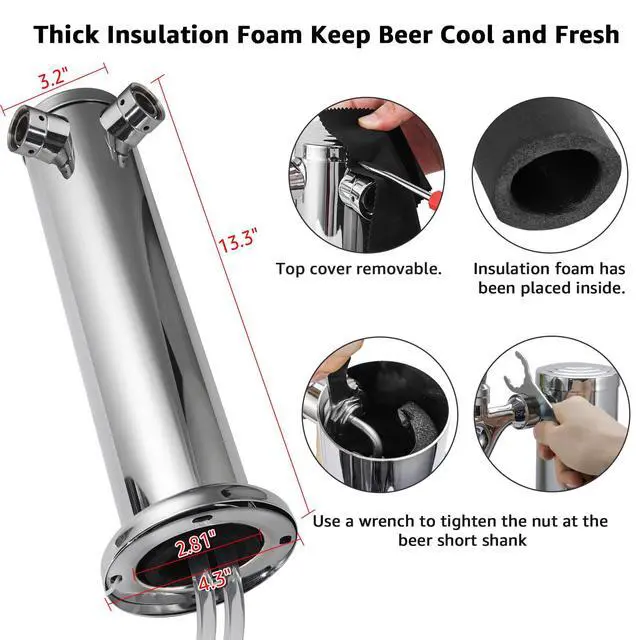 Alt view image 6 of 7 - Dual Tap Kegerator Tower Beer Tap Tower, 3" Draft Beer Dispenser Keg Tower | Dual Faucet Beer Tower 3" Stainless Steel Core Kegerator Tap Tower Kit with Pre-Assembled Kegerator Line Parts for Brewing